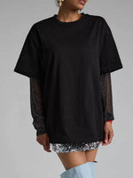 Faux Layered Round Neck Mesh Sleeve Top - Amexza