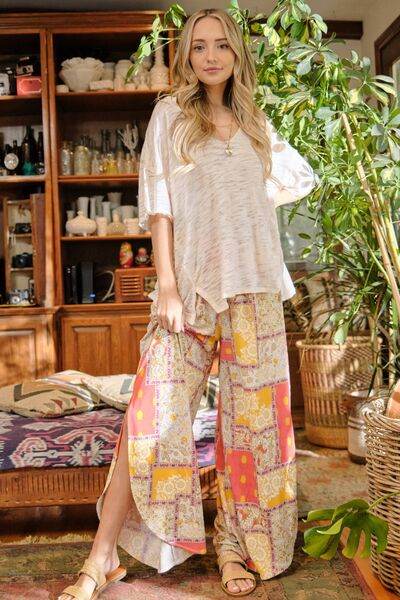 And The Why Printed Smocking Waist Side Slit Wide Leg Pants - Amexza