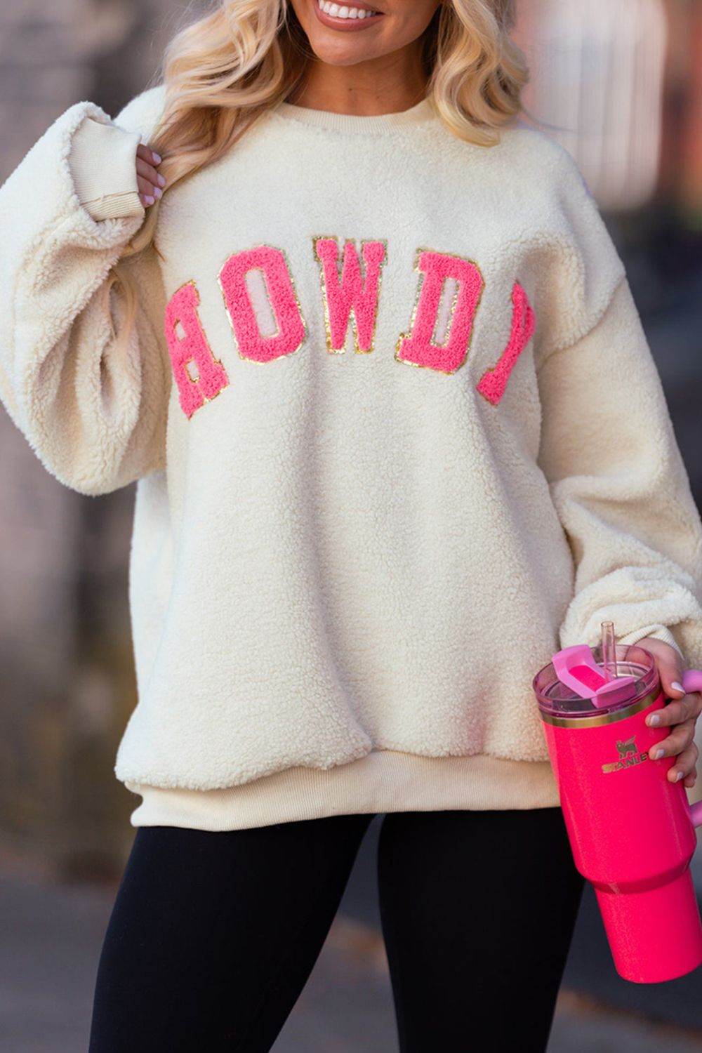 HOWDY Patched Round Neck Sherpa Sweatshirt - Amexza