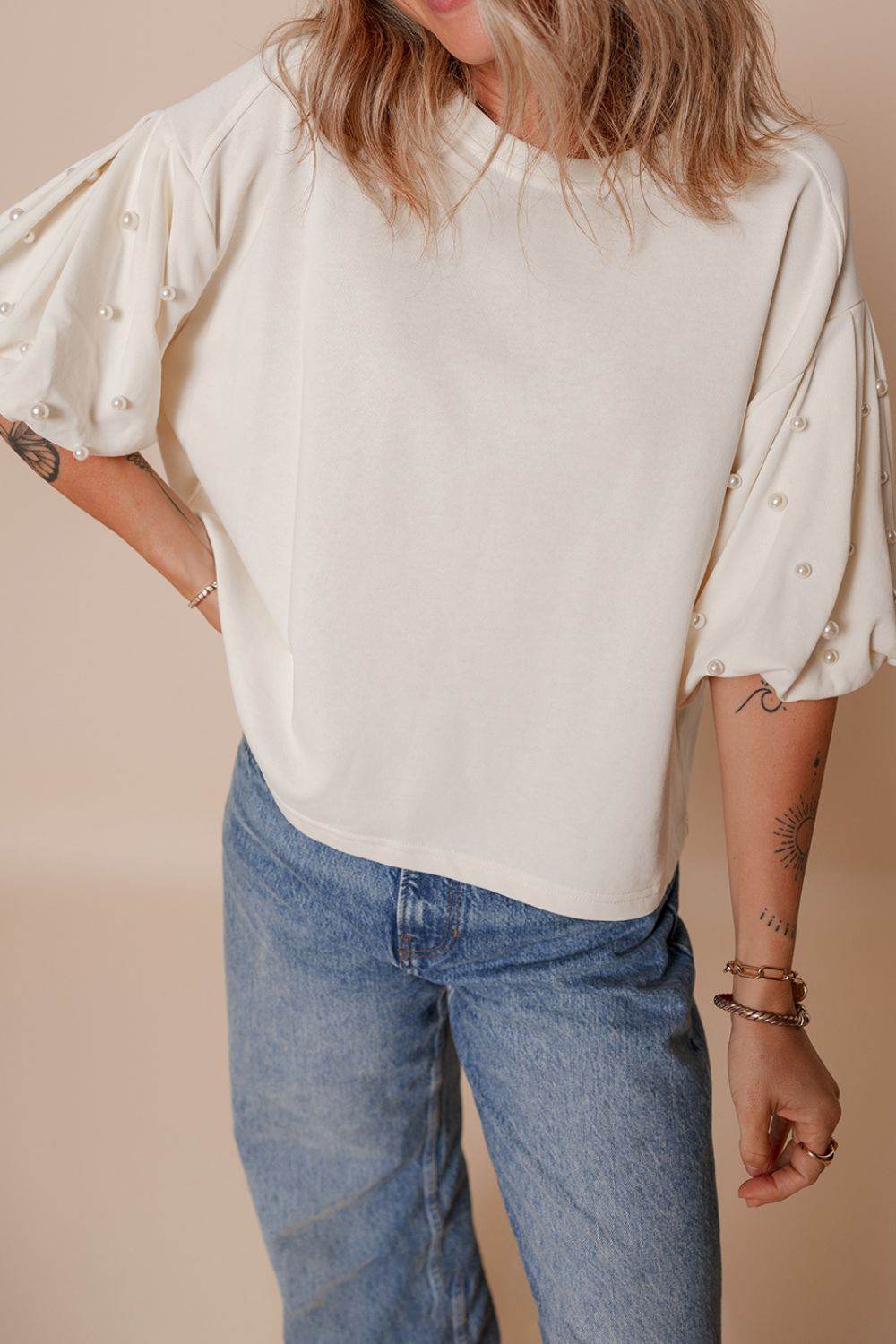 Pearl Detail Round Neck Half Sleeve Blouse - Amexza