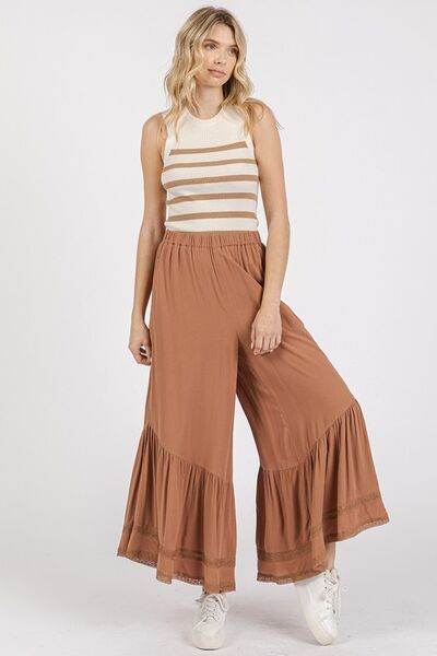 Mittoshop Lace Ruffle Asymmetric Hem Wide Leg Pants - Amexza