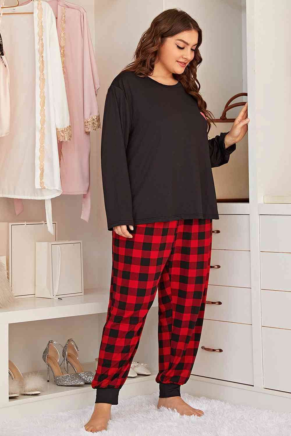 Plus Size Heart Graphic Top and Plaid Joggers Lounge Set for a perfect OOTD – dress to impress outfits from Amexza