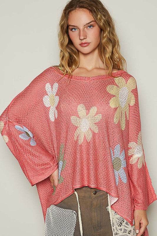 POL Flower Dropped Shoulder Long Sleeve Knit Top - Amexza