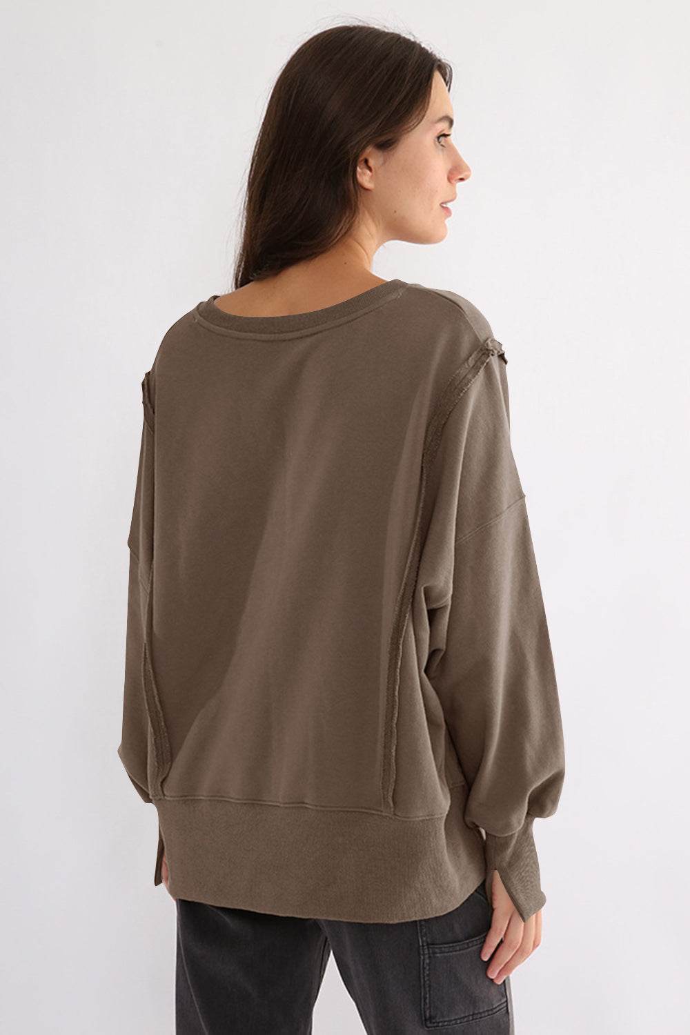 Exposed Seam High-Low Long Sleeve Sweatshirt - Amexza