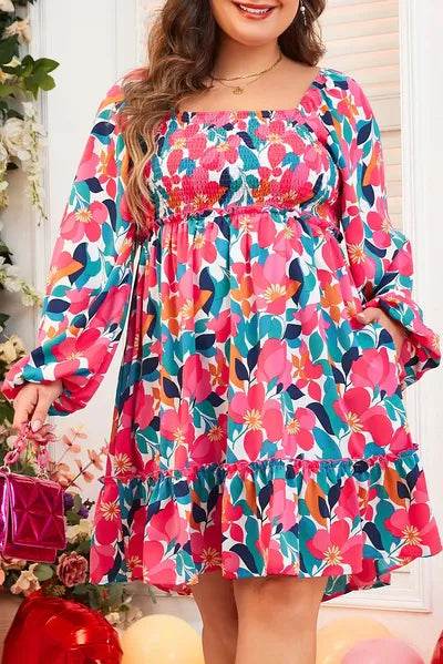 Plus Size Smocked Floral Square Neck Balloon Sleeve Dress Floral for a perfect OOTD – dress to impress outfits from Amexza