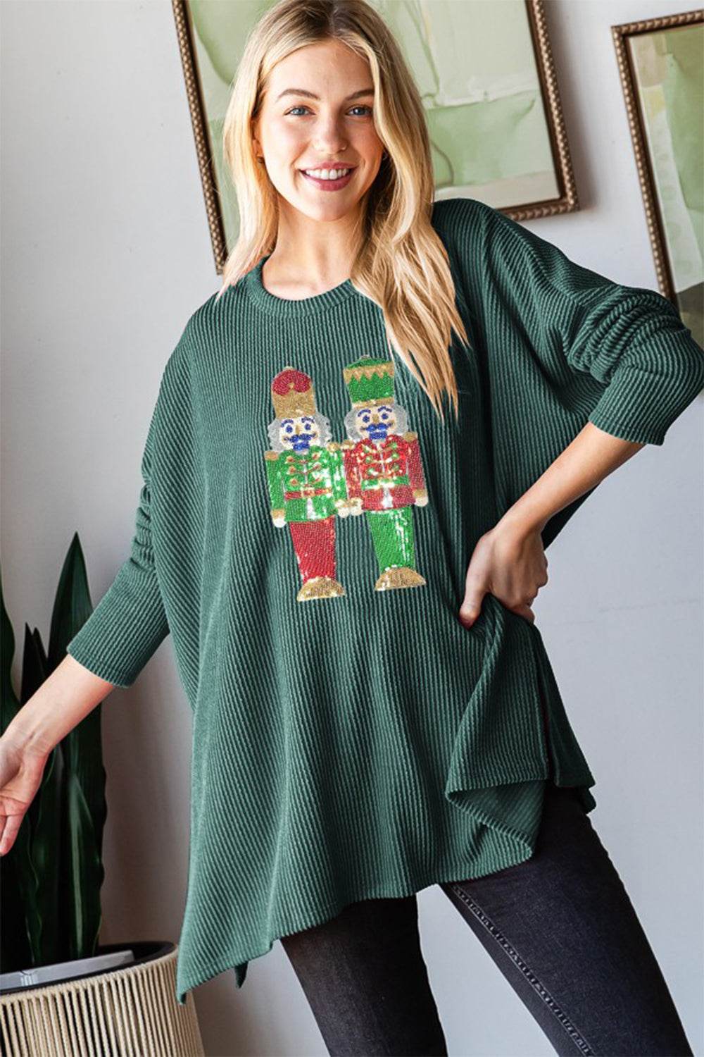 Heimish Sequin Nutcracker Long Sleeve Ribbed Top Hunter Green for a perfect OOTD – dress to impress outfits from Amexza