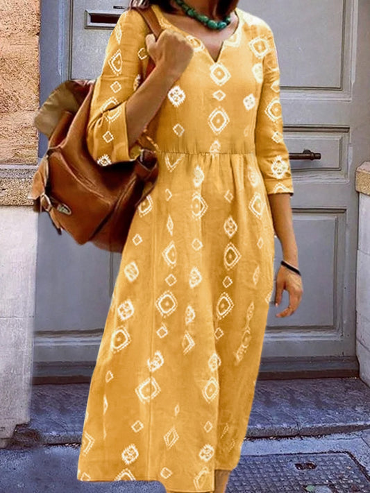 Geometric Notched Neck Dress - Yellow / S