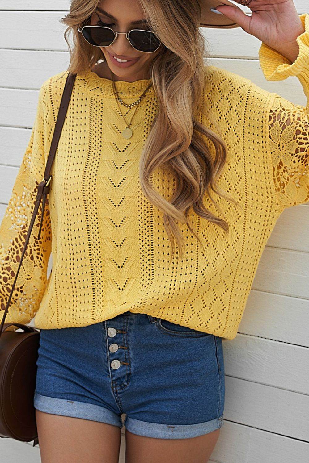 Openwork Round Neck Long Sleeve Sweater Yellow for a perfect OOTD – dress to impress outfits from Amexza