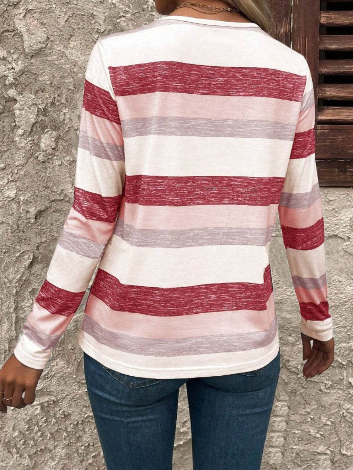 Contrast Striped V-Neck Long Sleeve T-Shirt for a perfect OOTD – dress to impress outfits from Amexza