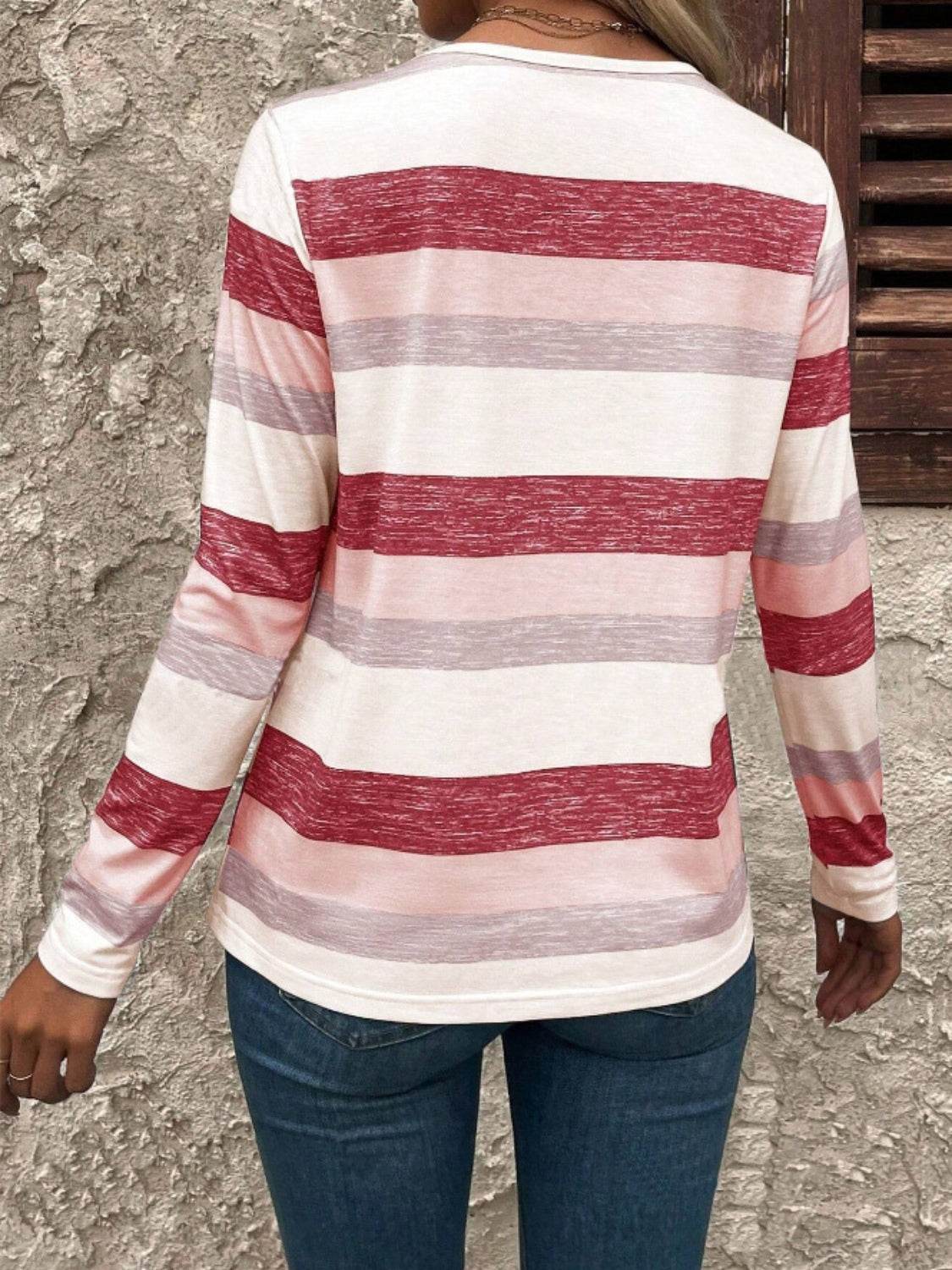 Contrast Striped V-Neck Long Sleeve T-Shirt - Amexza