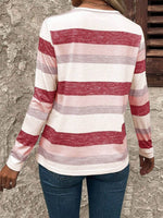 Contrast Striped V-Neck Long Sleeve T-Shirt - Amexza
