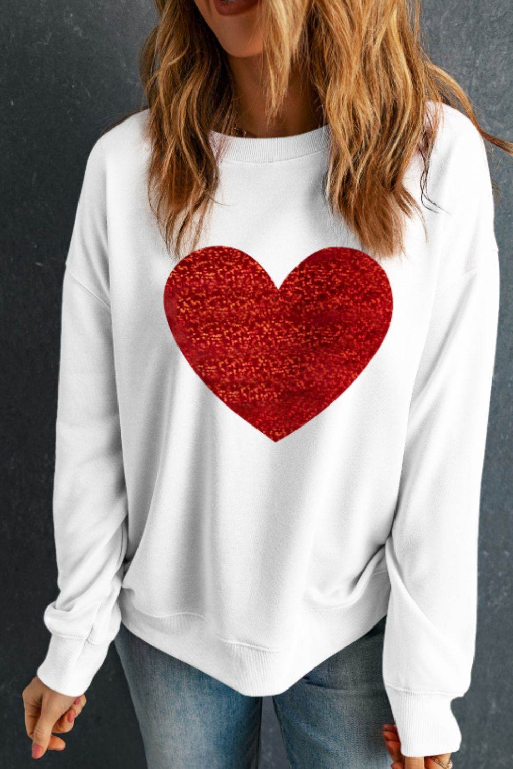 Valentine’s Day Heart Round Neck Long Sleeve Sweatshirt for a perfect OOTD – dress to impress outfits from Amexza