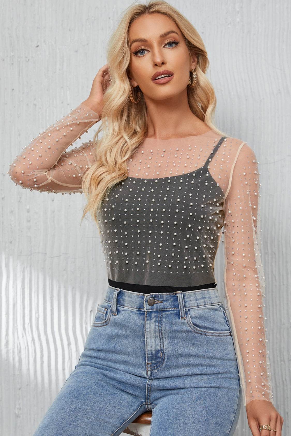 Pearl Long Sleeve Mesh Cropped Top White for a perfect OOTD – dress to impress outfits from Amexza