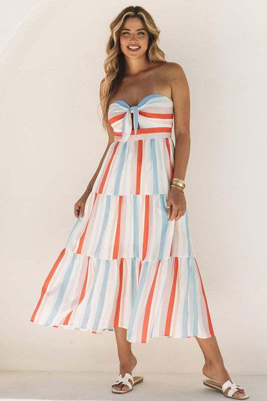 Striped Strapless Sweetheart Neck Dress - Multicolor / S