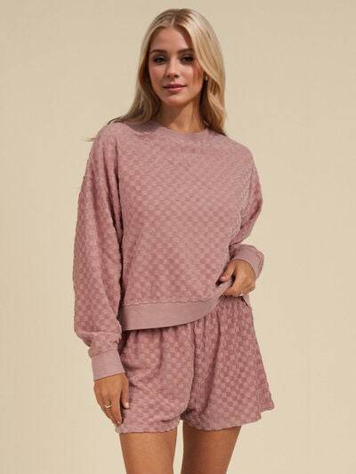 Oh Checkered Round Neck Long Sleeve Top and Shorts Set Pale Blush for a perfect OOTD – dress to impress outfits from Amexza