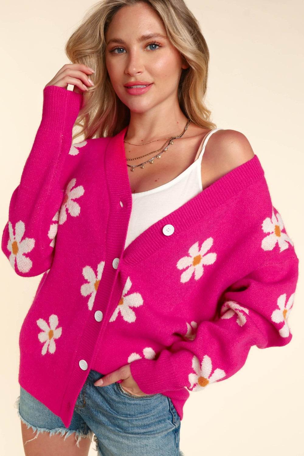 Haptics Full Size Daisy Floral Button Down Long Sleeve Cardigan Fuchsia for a perfect OOTD – dress to impress outfits from Amexza