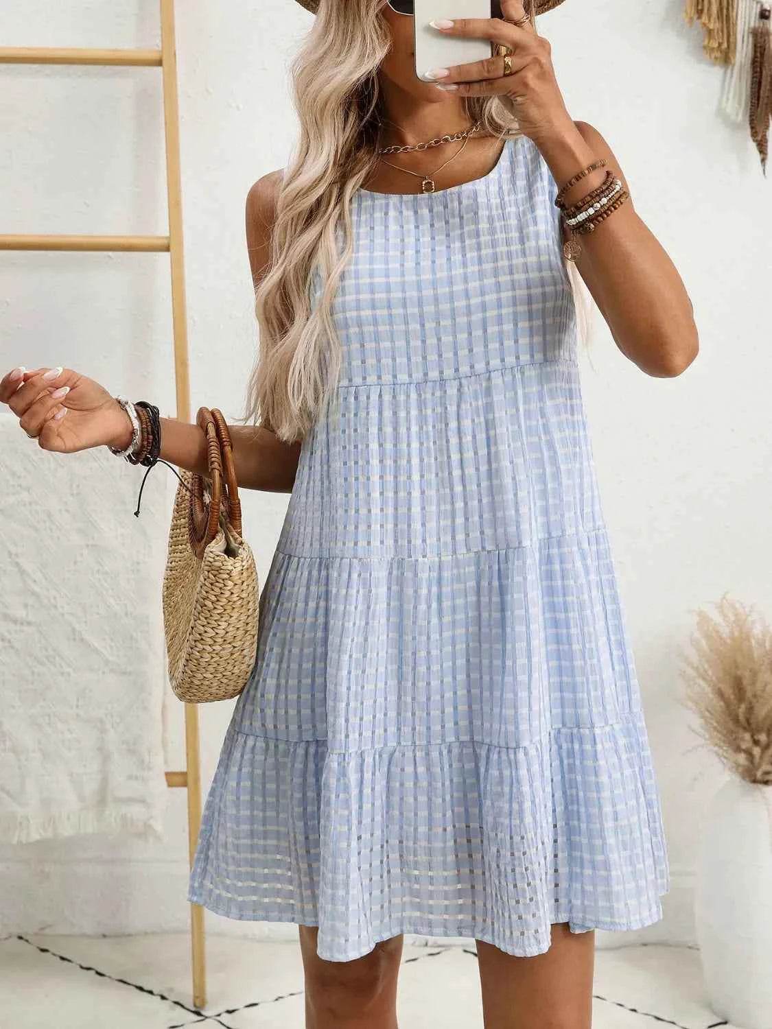 Plaid Round Neck Sleeveless Mini Dress Light Blue for a perfect OOTD – dress to impress outfits from Amexza