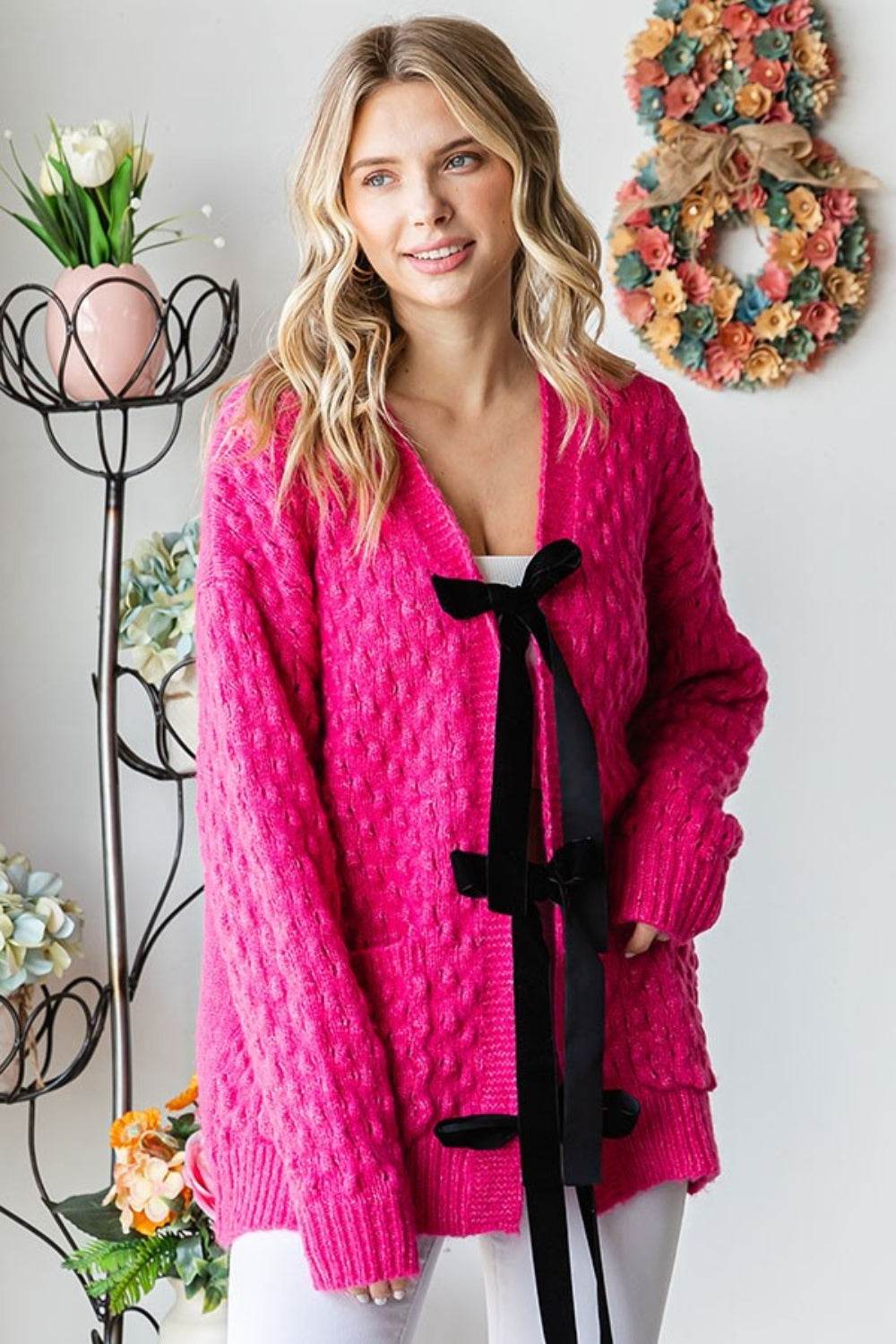 First Love Tie Closure Open Knit Cardigan for a perfect OOTD – dress to impress outfits from Amexza