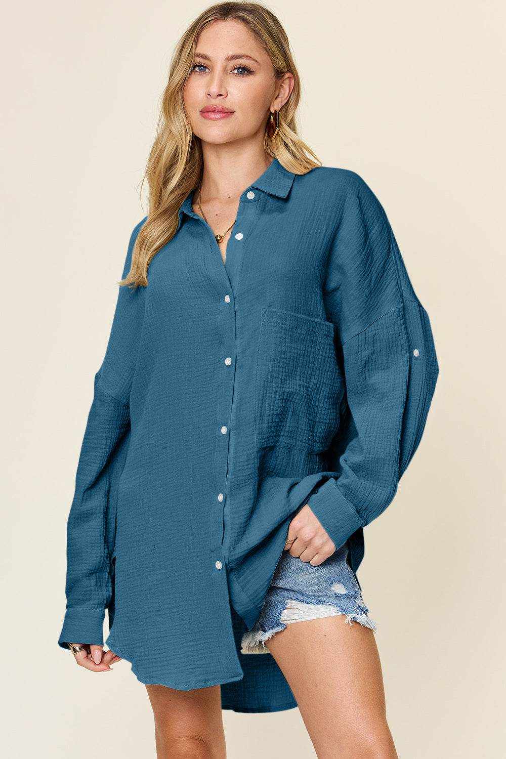 Double Take Full Size Pocketed Texture Button Up Shirt for a perfect OOTD – dress to impress outfits from Amexza