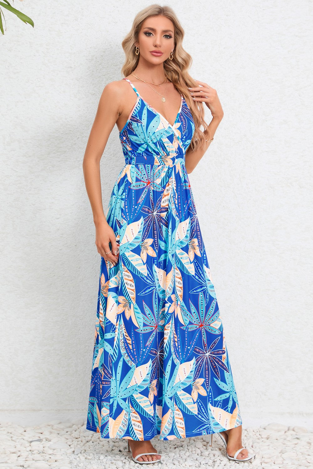 Printed Surplice Maxi Cami Dress - Royal Blue / S