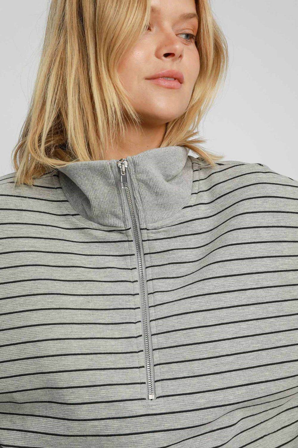 Umgee Striped Half Zip Short Sleeve Sweatshirt for a perfect OOTD – dress to impress outfits from Amexza