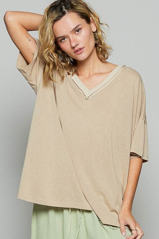 POL V-Neck Half Sleeve T-Shirt Latte for a perfect OOTD – dress to impress outfits from Amexza