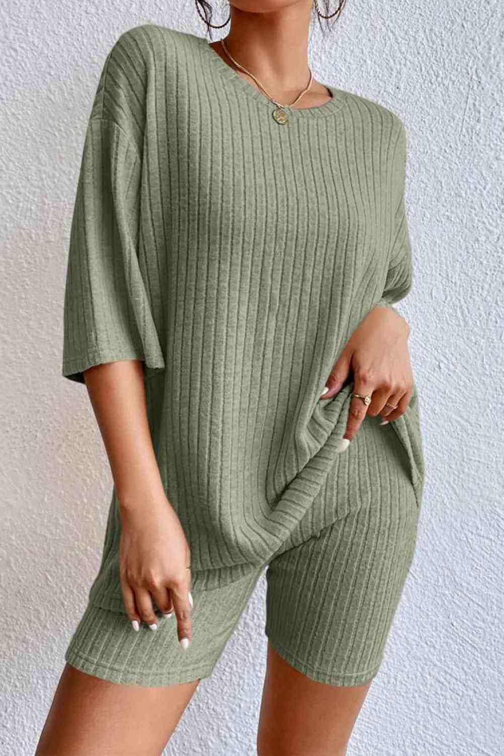 Round Neck Ribbed Top and Shorts Lounge Set Sage for a perfect OOTD – dress to impress outfits from Amexza