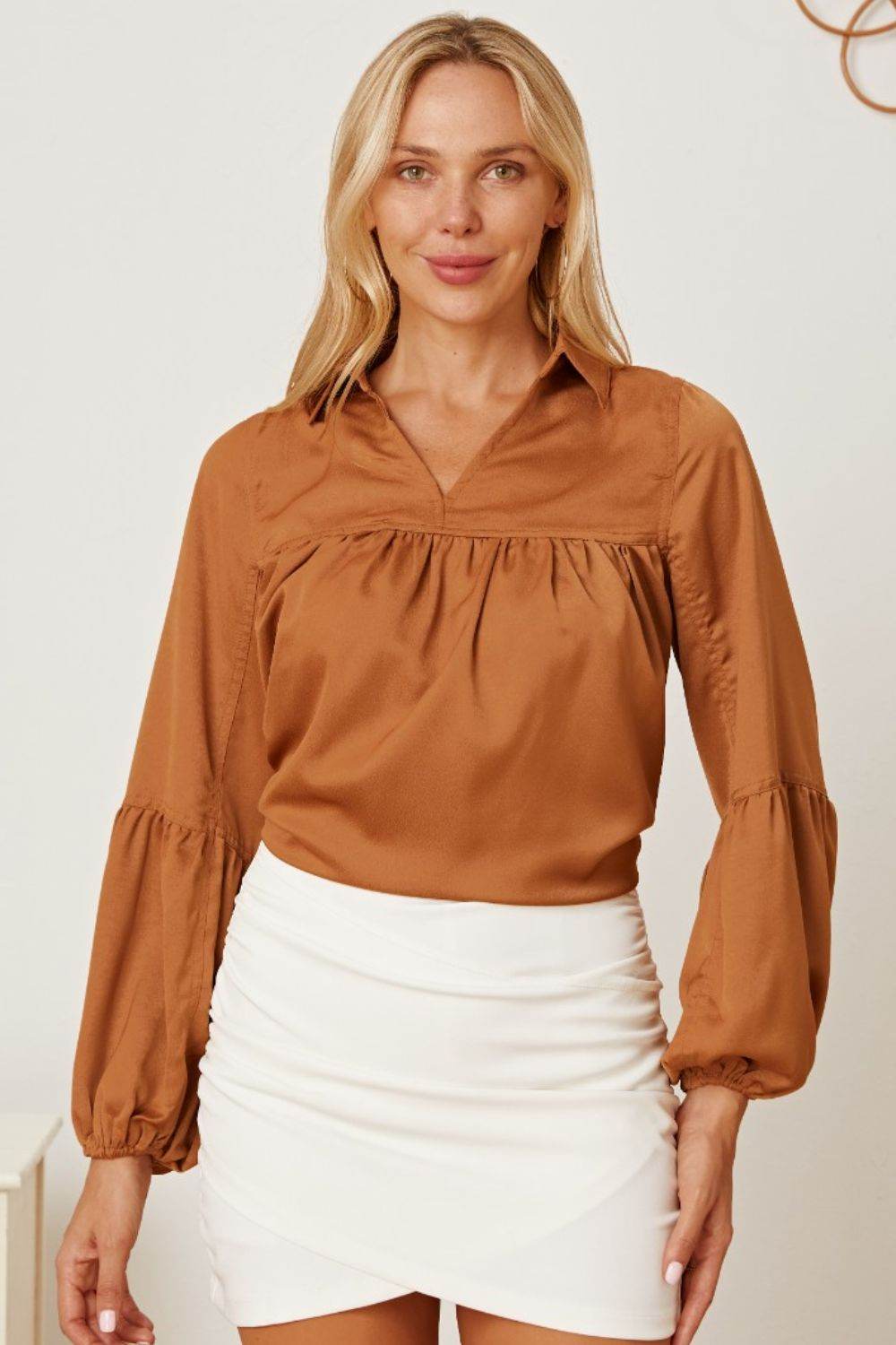 Balloon Sleeve Collared Neck Blouse Khaki for a perfect OOTD – dress to impress outfits from Amexza