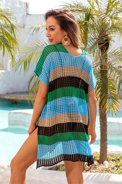 Angel Wings Openwork Striped V-Neck Short Sleeve Cover Up for a perfect OOTD – dress to impress outfits from Amexza