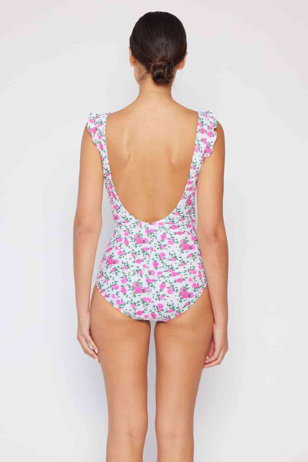 Marina West Swim Full Size Float On Ruffle Faux Wrap One-Piece in Roses Off-White for a perfect OOTD – dress to impress outfits from Amexza