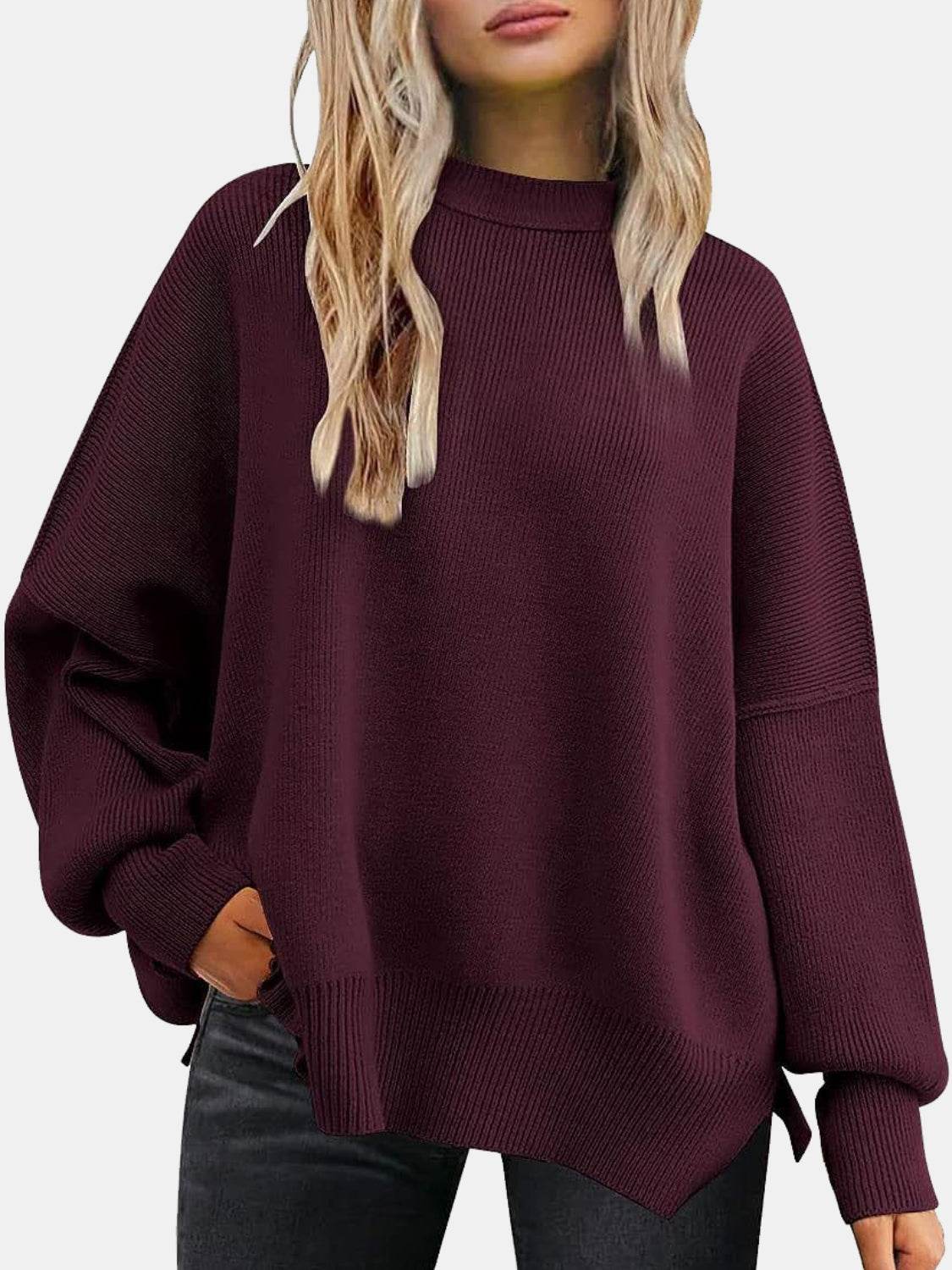 Round Neck Drop Shoulder Slit Sweater Wine for a perfect OOTD – dress to impress outfits from Amexza