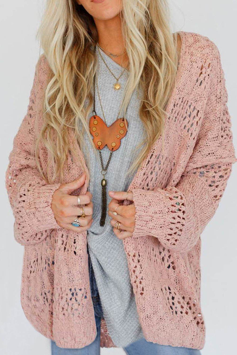 Openwork Open Front Long Sleeve Cardigan Dusty Pink for a perfect OOTD – dress to impress outfits from Amexza