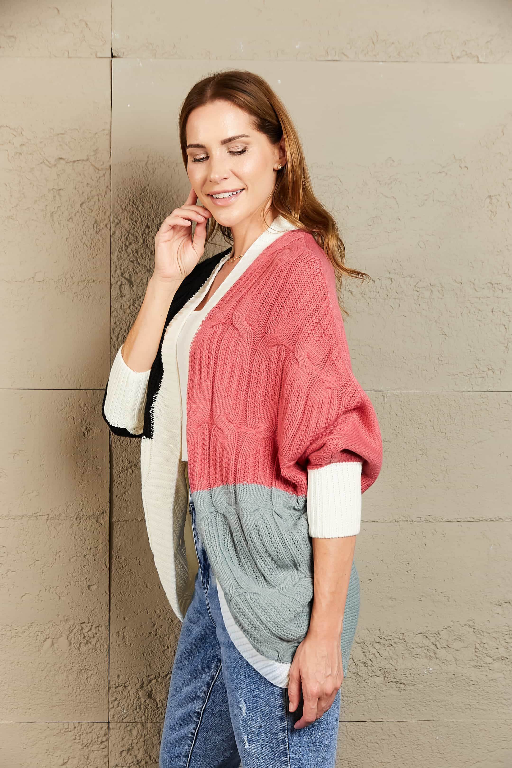 Woven Right Color Block Cable-Knit Batwing Sleeve Cardigan - Amexza