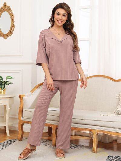 Ribbed Half Sleeve Top and Pocketed Pants Set Dusty Pink for a perfect OOTD – dress to impress outfits from Amexza