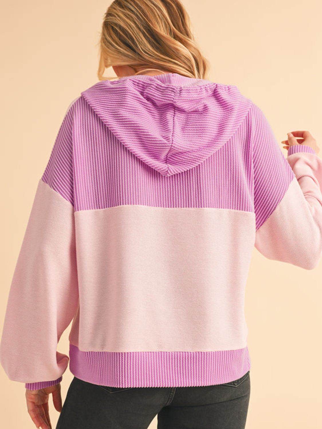 Corded Color Block Drawstring Hoodie - Amexza