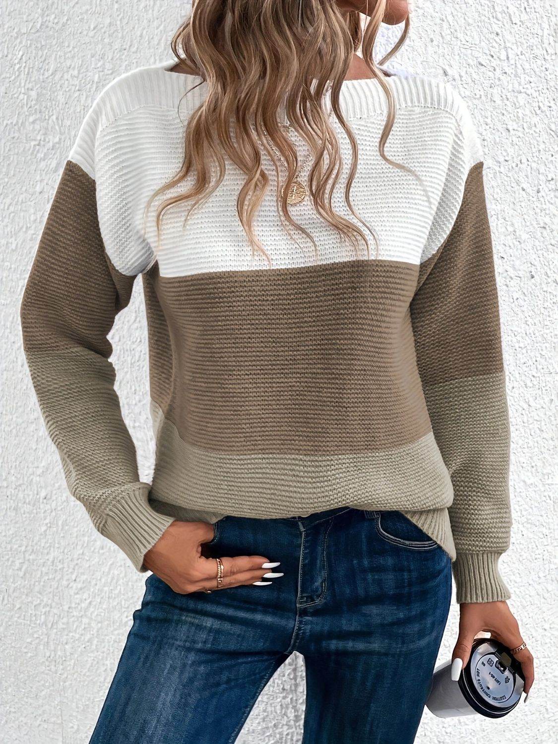 Color Block Boat Neck Sweater Taupe One Size for a perfect OOTD – dress to impress outfits from Amexza