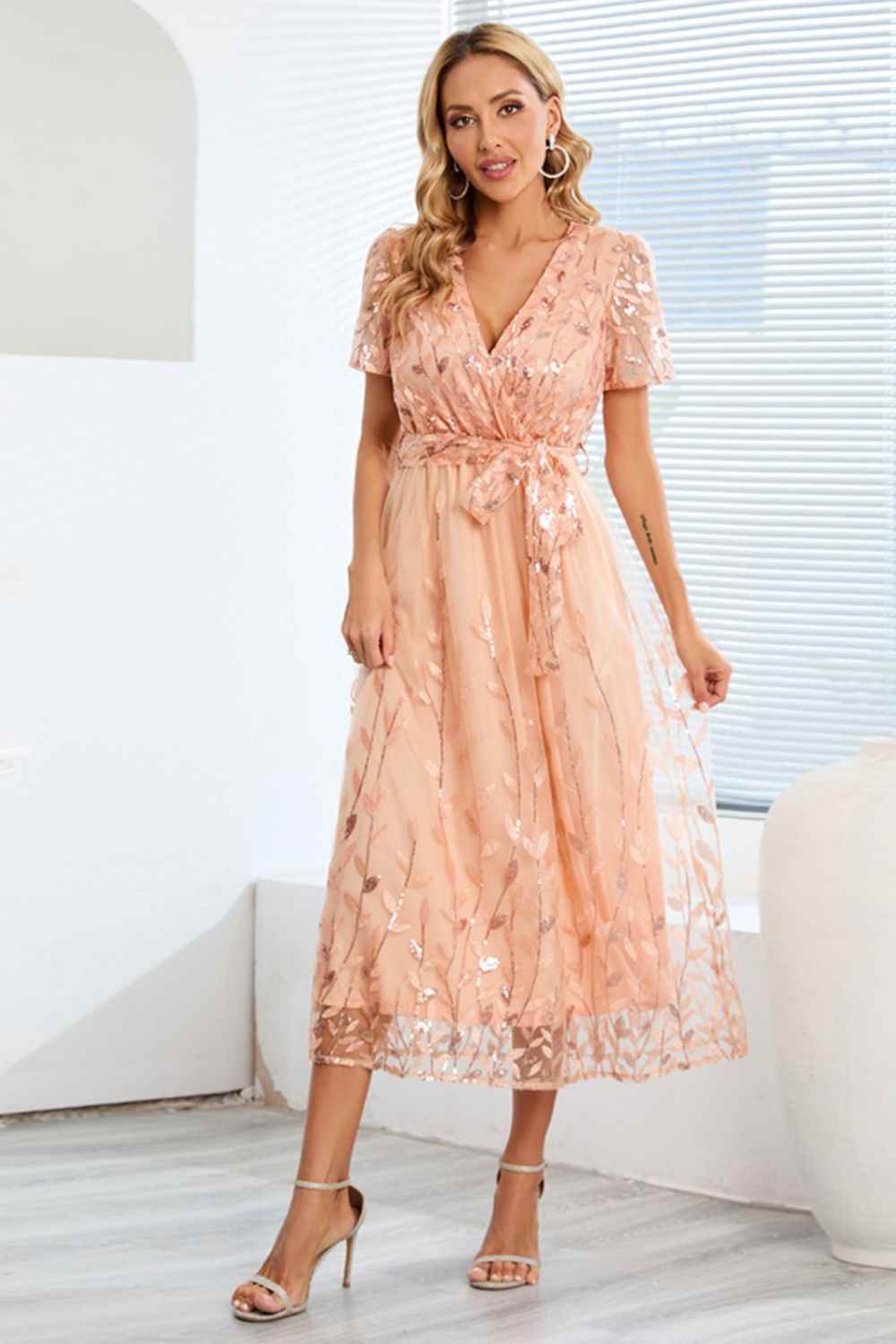 Sequin Leaf Embroidery Tie Front Short Sleeve Dress Tan for a perfect OOTD – dress to impress outfits from Amexza