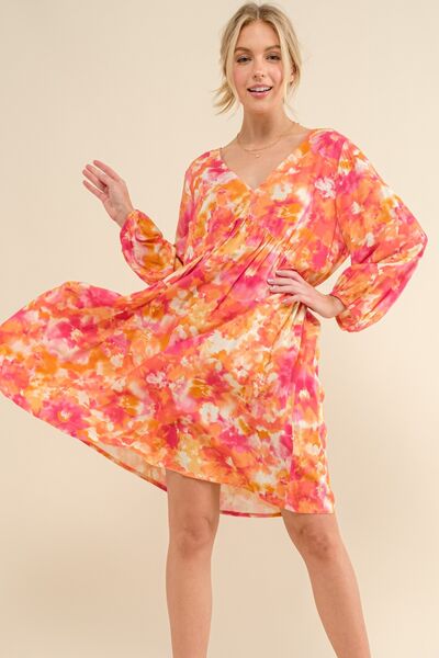 And The Why Full Size Printed Tie Back Long Sleeve Dress Orange Multi for a perfect OOTD – dress to impress outfits from Amexza