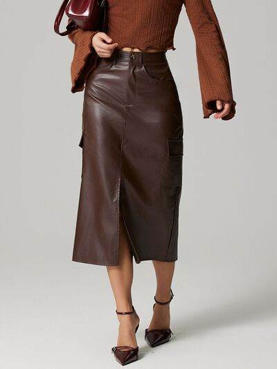 Slit Midi Skirt with Pockets Dark Brown for a perfect OOTD – dress to impress outfits from Amexza