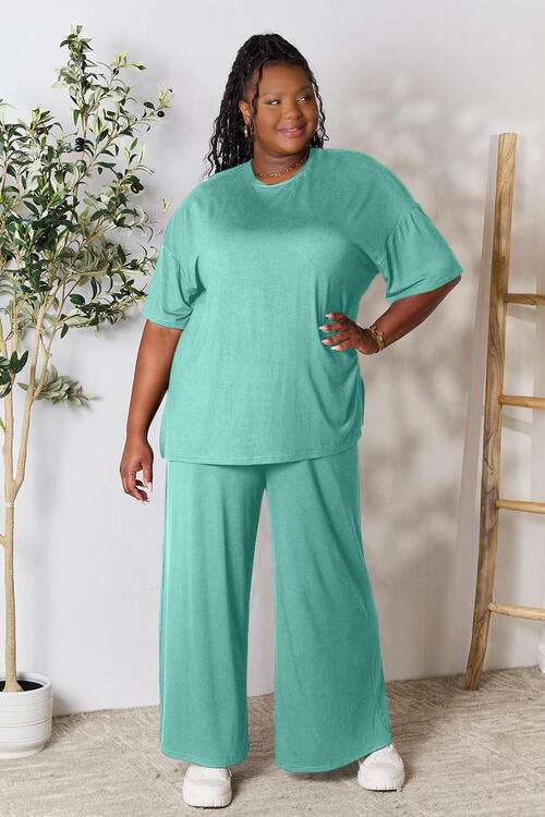 Double Take Full Size Round Neck Slit Top and Pants Set for a perfect OOTD – dress to impress outfits from Amexza