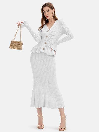 Ruffled V-Neck Top and Midi Skirt Sweater Set - Amexza