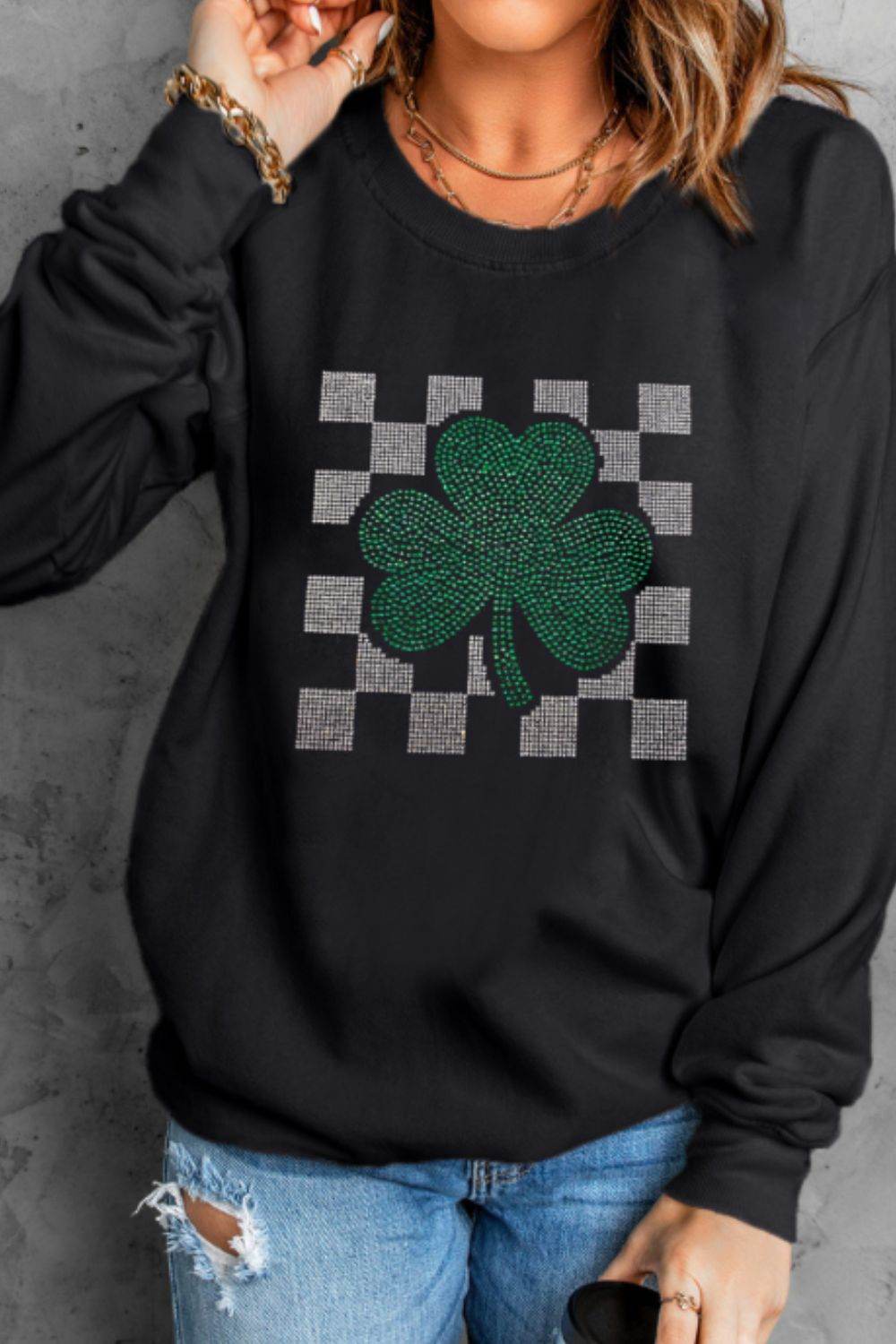 Rhinestone Checkered Lucky Clover Round Neck Sweatshirt - Amexza