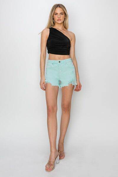 RISEN Mid Waist Frayed Hem Denim Shorts for a perfect OOTD – dress to impress outfits from Amexza