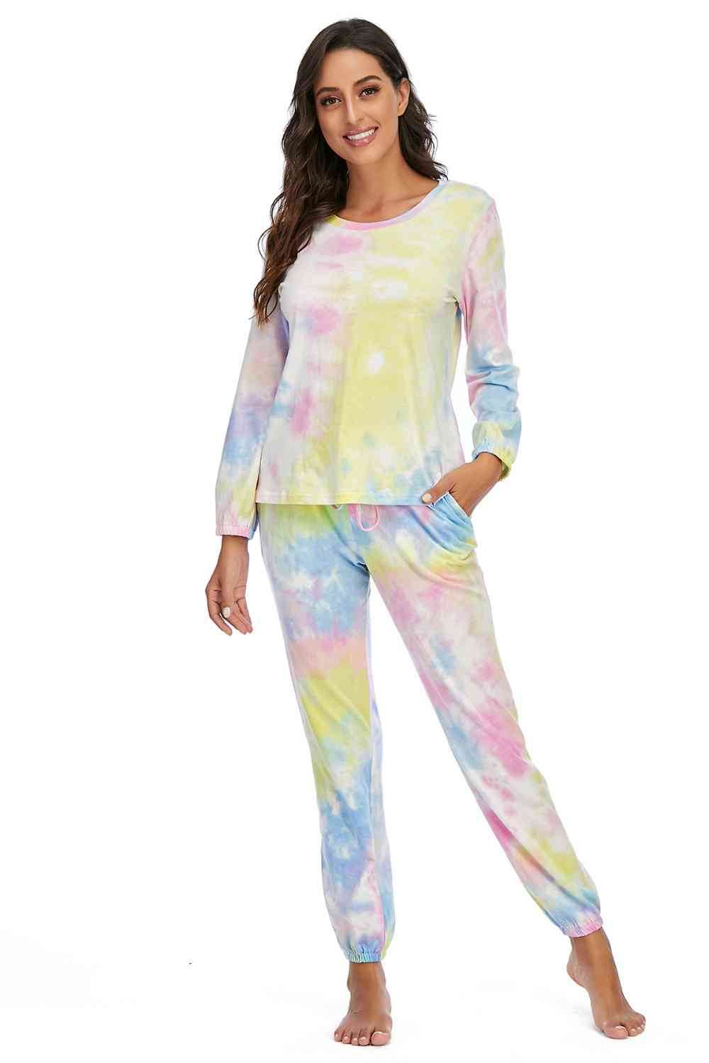 Tie-Dye Top and Drawstring Pants Lounge Set - Amexza