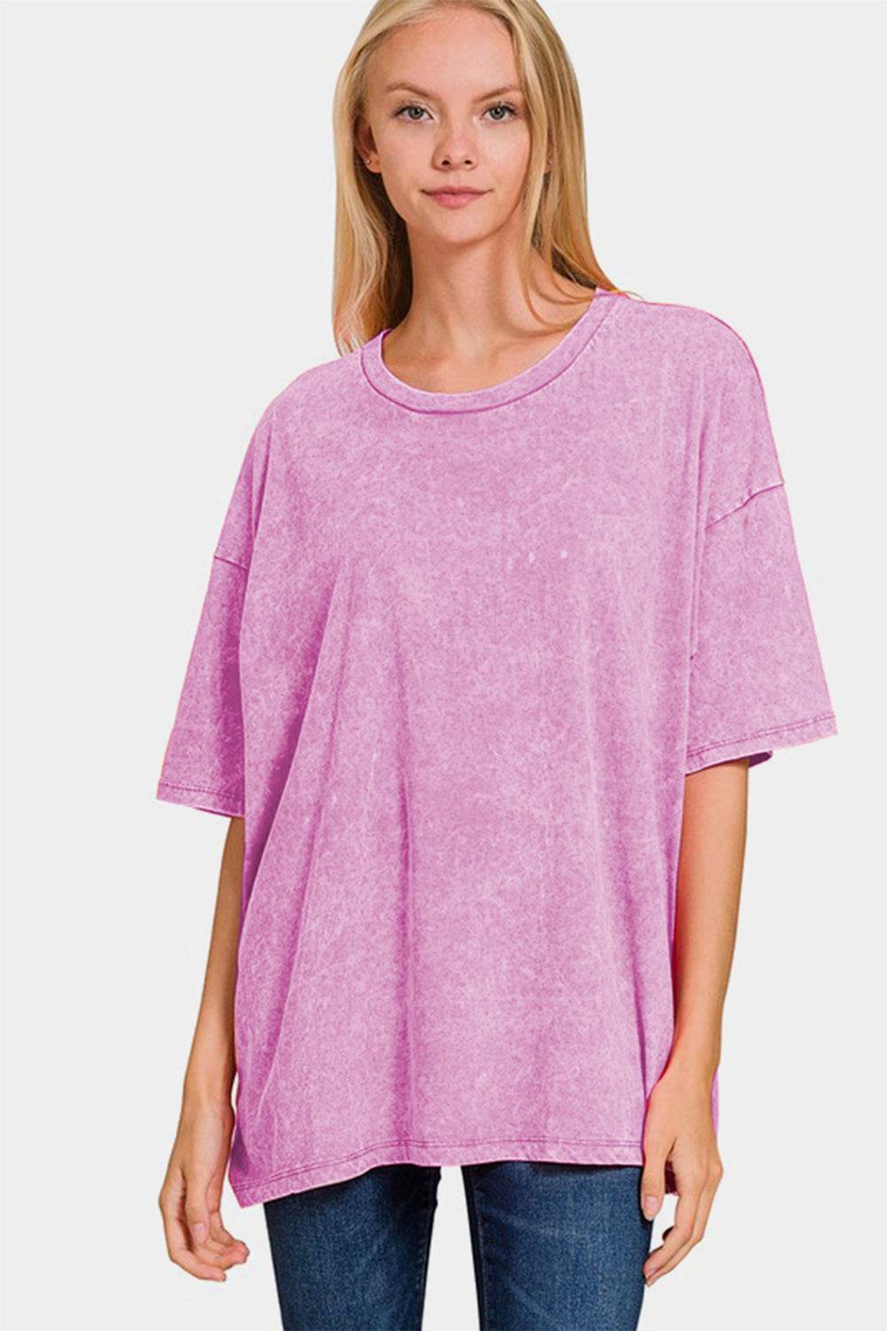 Zenana Full Size Washed Round Neck Drop Shoulder Oversized T-Shirt - Amexza