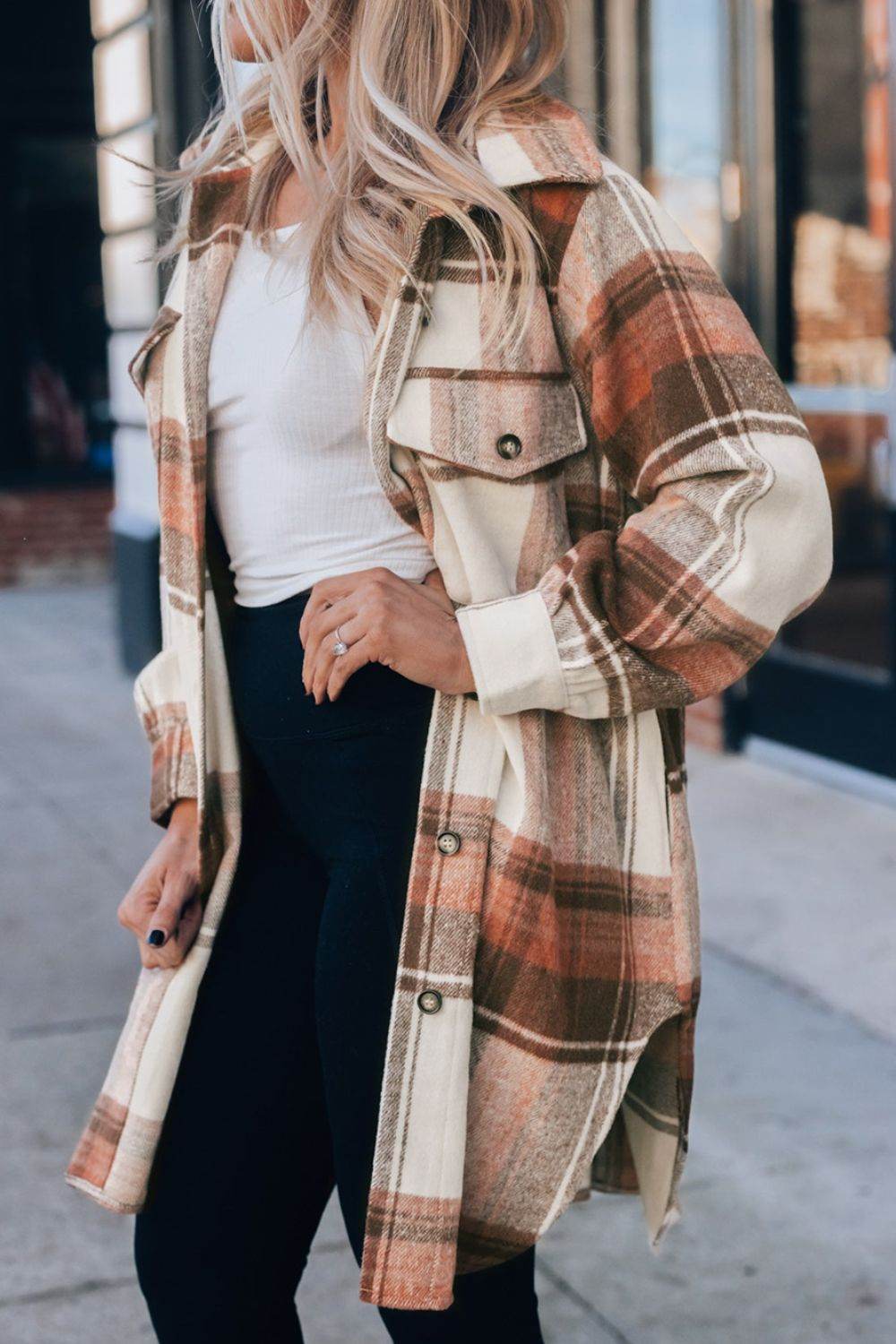 Pocketed Plaid Collared Neck Shacket for a perfect OOTD – dress to impress outfits from Amexza