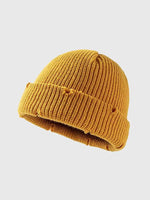 Distressed Cuffed Knit Hat Yellow One Size for a perfect OOTD – dress to impress outfits from Amexza