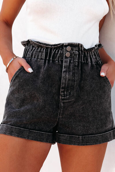 Paperbag Waist Denim Shorts with Pockets Dark for a perfect OOTD – dress to impress outfits from Amexza