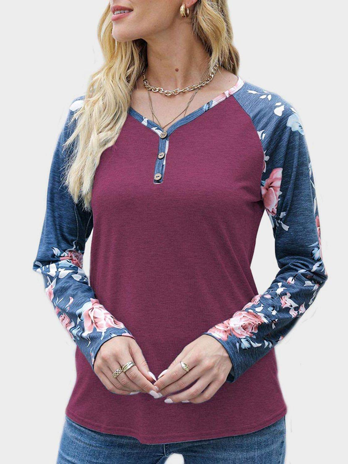 V-Neck Floral Long Sleeve T-Shirt Burgundy for a perfect OOTD – dress to impress outfits from Amexza