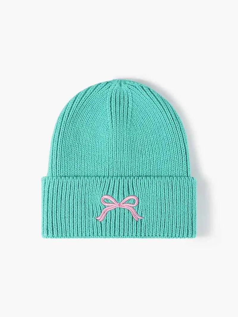 Embroidered Bow Knit Hat Teal One Size for a perfect OOTD – dress to impress outfits from Amexza